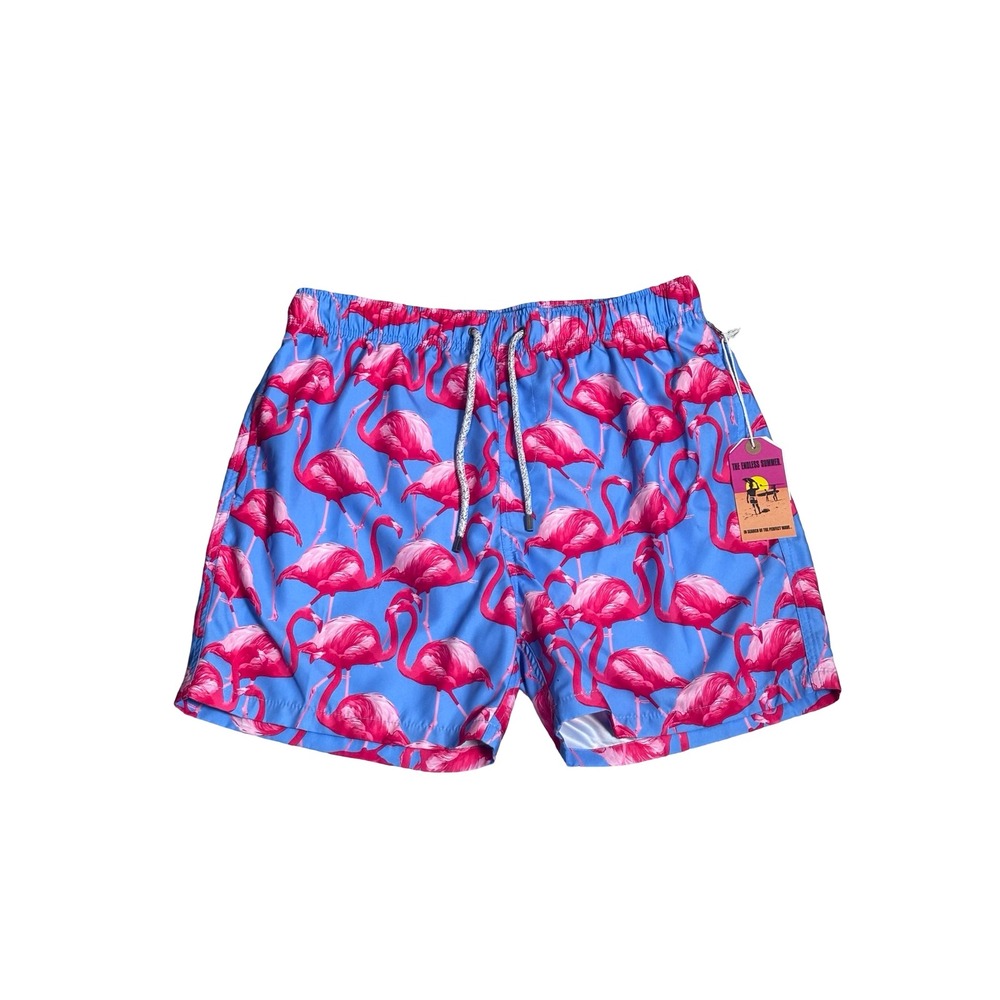 The Endless Summer Mens Large Flamingo Print Swim Trunks Blue‎ Pink Polyester